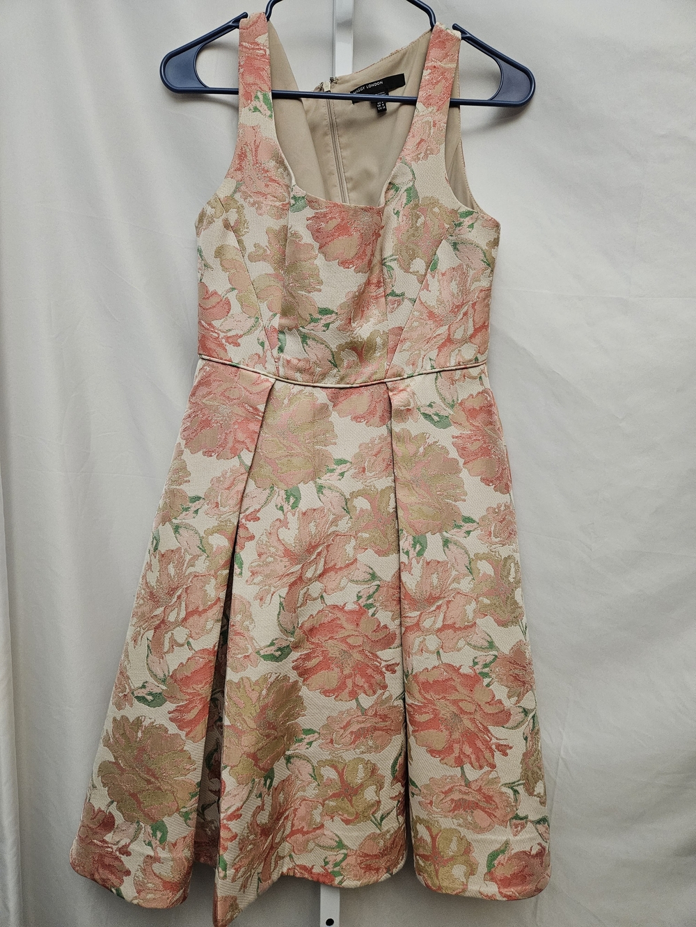 Maggy London Cream Floral Jacquard Midi Dress with Pink Accents